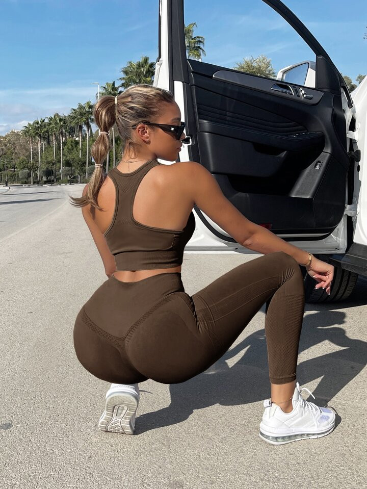 2pcs Seamless Yoga Set Tracksuit Gym Set Scoop Neck Tank Top Stitching Trim Tummy Control Legging... | SHEIN