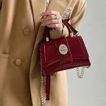 Burgundy Women's Handbag, New Fashion Versatile Chain Solid Color Glossy Patent PU Small Square Bag, Simple Casual Shoulder Crossbody And Top Handle B | SHEIN