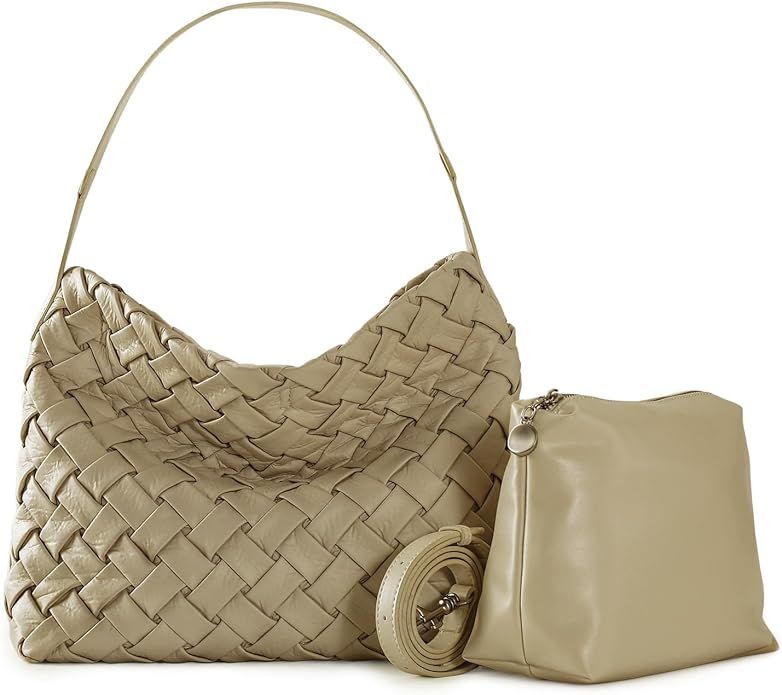 Woven Bag with Purse Set for Women, Vegan Leather Tote Bag Handmade Shoulder Bag Top-handle Handb... | Amazon (US)