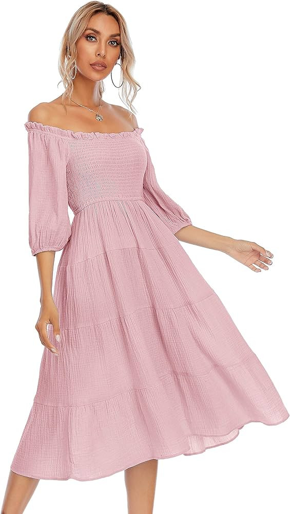 R.Vivimos Women's Summer Linen Lantern Sleeves Ruffled Off Shoulder A-Line Midi Dresses | Amazon (US)