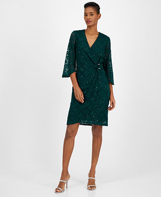 Connected Women's Sequin-Lace 3/4-Sleeve Faux-Wrap Dress - Macy's | Macy's
