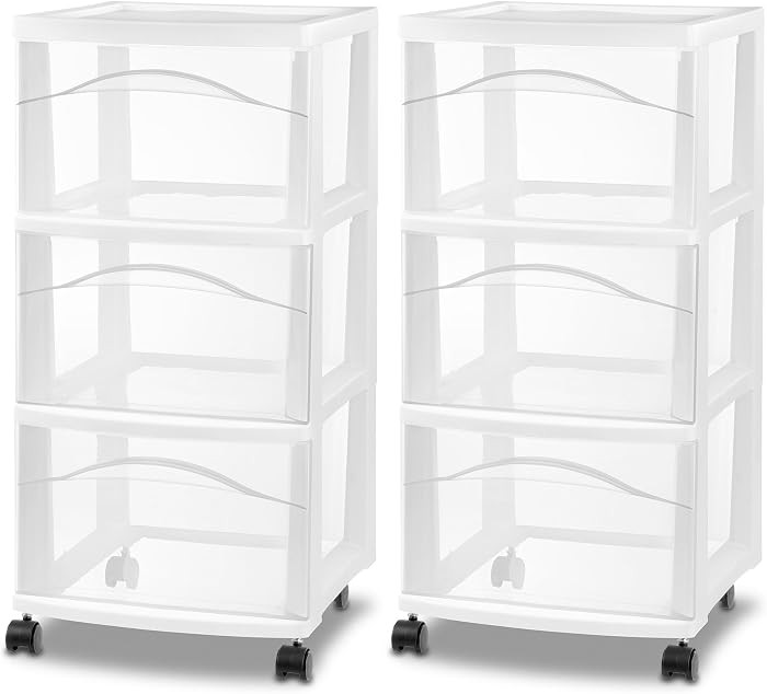 Sterilite 3-Drawer Cart with Wheels, White, 2-Pack | Amazon (US)