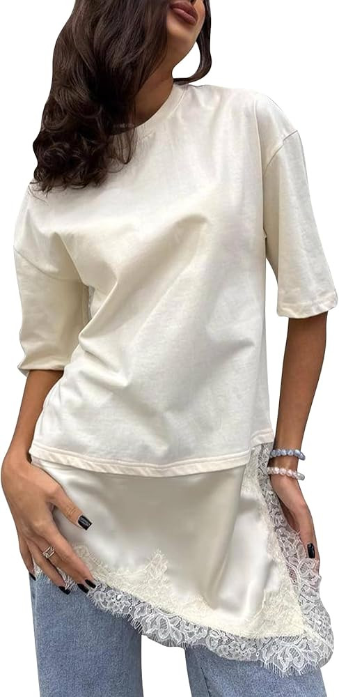 Lace Tops for Women 3/4 Short Sleeve Crew Neck Patchwork Satin Trim Lace Tunic Top Casual Loose F... | Amazon (US)