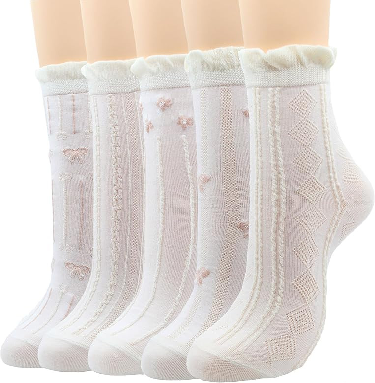 OZS Cute Floral Crew Socks,Comfortable Cotton Ruffle Frilly Socks Women,Bow Crew Socks,Lolita soc... | Amazon (US)