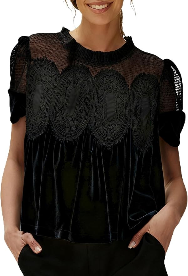 Gozoloma Women's Velvet Lace Blouse Casual Round Neck Short Sleeve Flared Swing Top Elegant Loose... | Amazon (US)