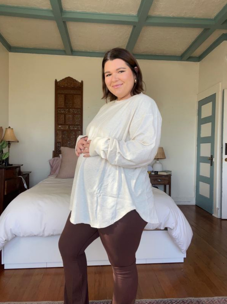 The perfect oversized long sleeve tee in on sale finally!!! Wearing XL and I wear this almost everyday. I ordered 3 more colors 😂 leggings are also on sale and size xl short  

#LTKSeasonal #LTKbump #LTKmidsize