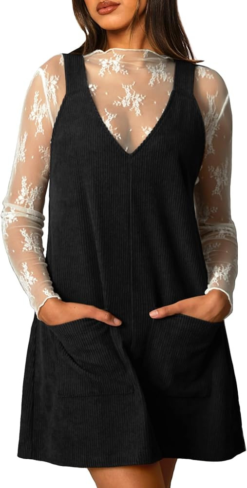 Navneet Corduroy Overall Dress for Women V Neck Sleeveless Pinafore Jumper Mini Dress with Pocket... | Amazon (US)