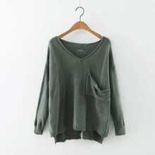 Green V Neck Drop Shoulder Dip Hem Sweater With Pocket | ROMWE