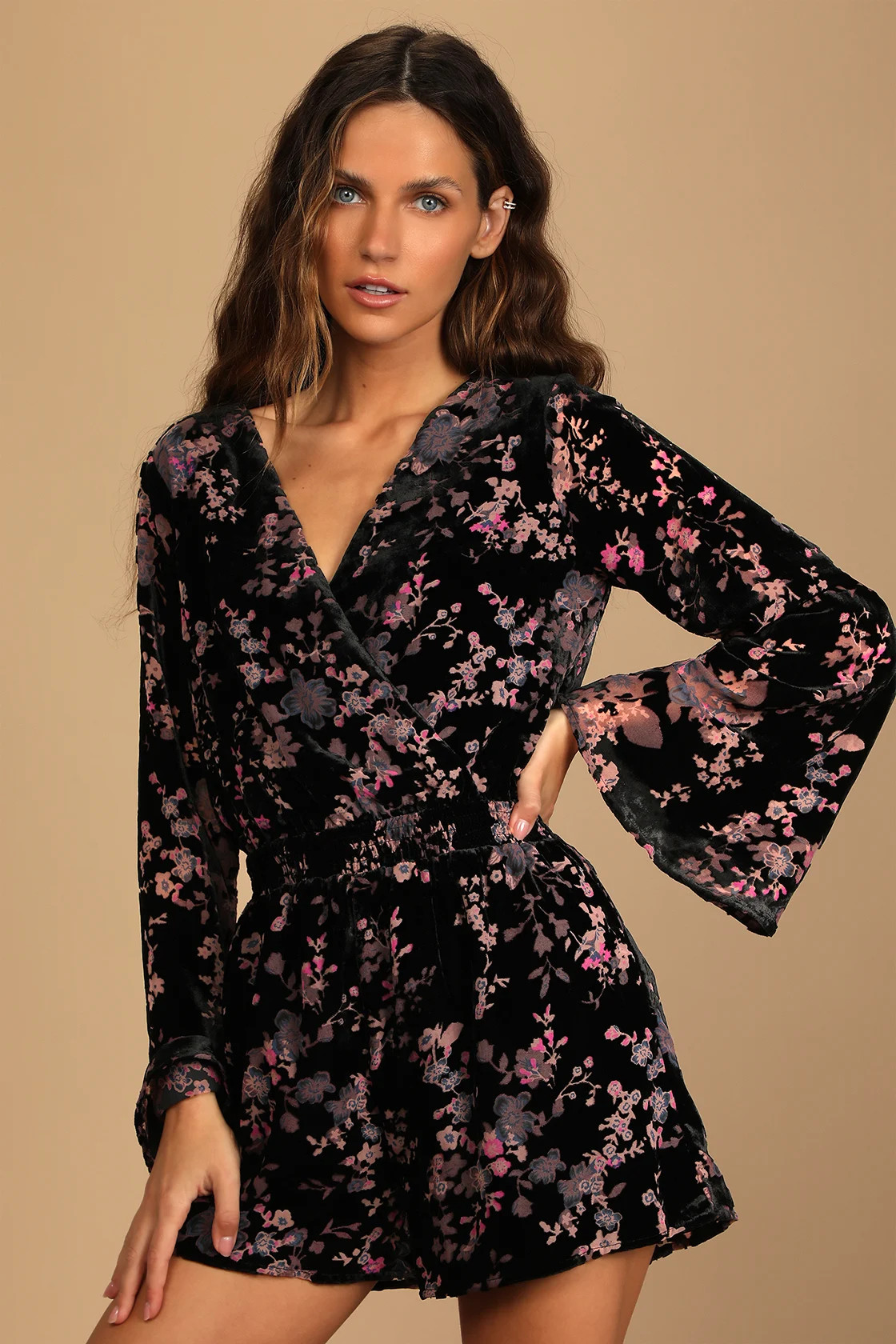 Aesthetic Beauty Black Multi Floral Burnout Velvet Romper | Lulus (US)