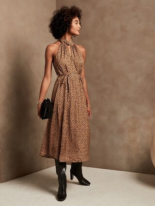 Twist-Neck Satin Midi Dress | Banana Republic Factory
