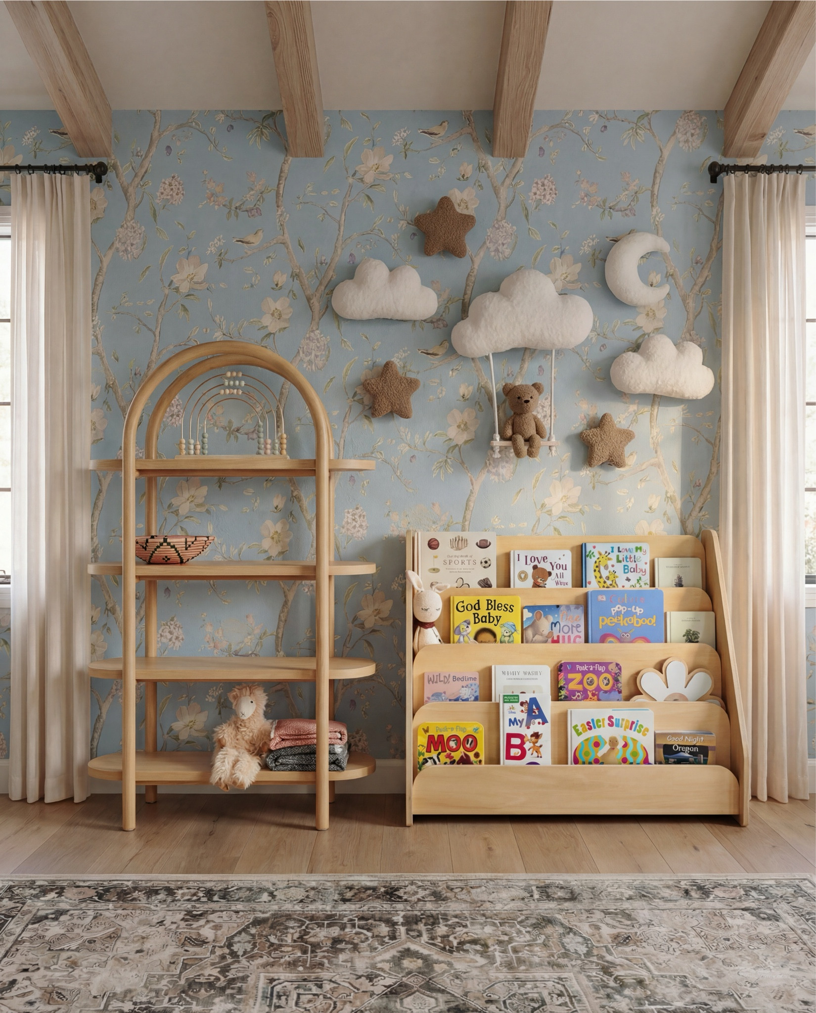 Shop the Look:
• Light blue floral wallpaper
• Natural wood exposed ceiling beams
• Solid wood crib (warm oak tone)
• Neutral crib mattress + fitted sheet
• Knit baby blanket (soft brown)
• Vintage-inspired area rug (muted blue + beige)
• Wood dresser with woven drawer fronts
• Round gold-framed wall mirror
• Brass table lamp with white shade
• White boucle accent chair
• Round upholstered pouf (cream)
• Wooden toy shelving unit
• Front-facing wooden book rack
• Children’s board books (colorful covers)
• Plush teddy bear
• Soft cloud wall decor
• Star-shaped wall pillows (neutral tones)
• Crescent moon wall decor
• Beaded rainbow toy
• Sheer white curtain panels
• Black curtain rod with rings
• Light wood flooring

#LTKSaleAlert #LTKFindsUnder100 #LTKHome