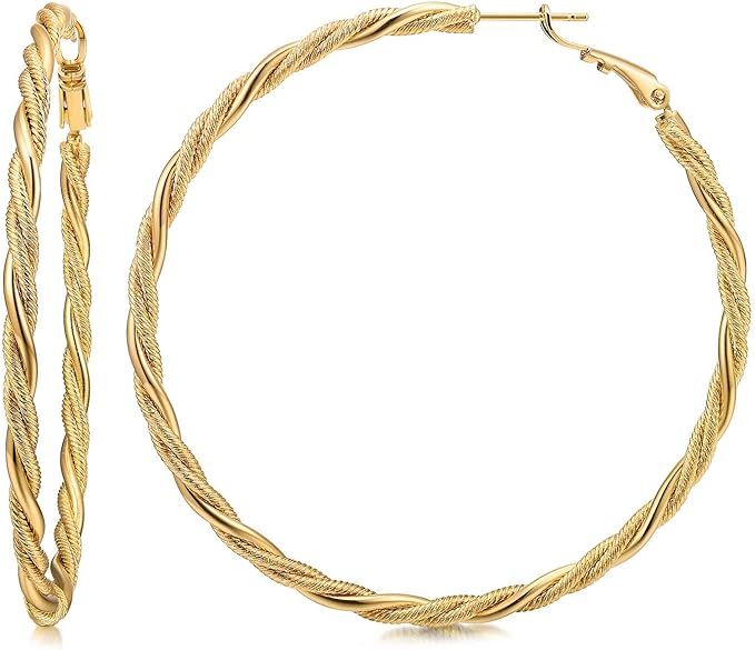 Amazon.com: Hoop Earrings,14K Gold Plated Chunky Twisted Hoop Earrings for Women with 925 Sterlin... | Amazon (US)