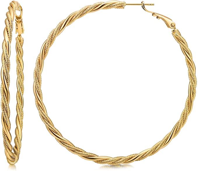 AllenCOCO Gold Hoop Earrings for Women, 14K Gold Plated Chunky Twisted Hypoallergenic Hoop Earrin... | Amazon (US)