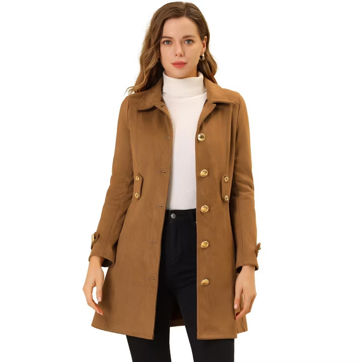 Allegra K Women's Vintage Faux Suede Mid-Thigh Belted Single Breasted Trench Coat | Target