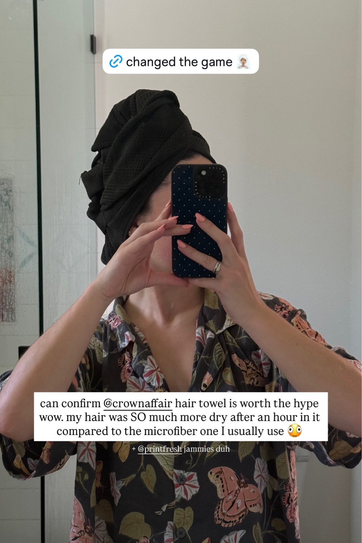 can confirm @crownaffair hair towel is worth the hype wow. my hair was SO much more dry after an hour in it compared to the microfiber one I usually use 🫪 + @printfresh jammies duh
