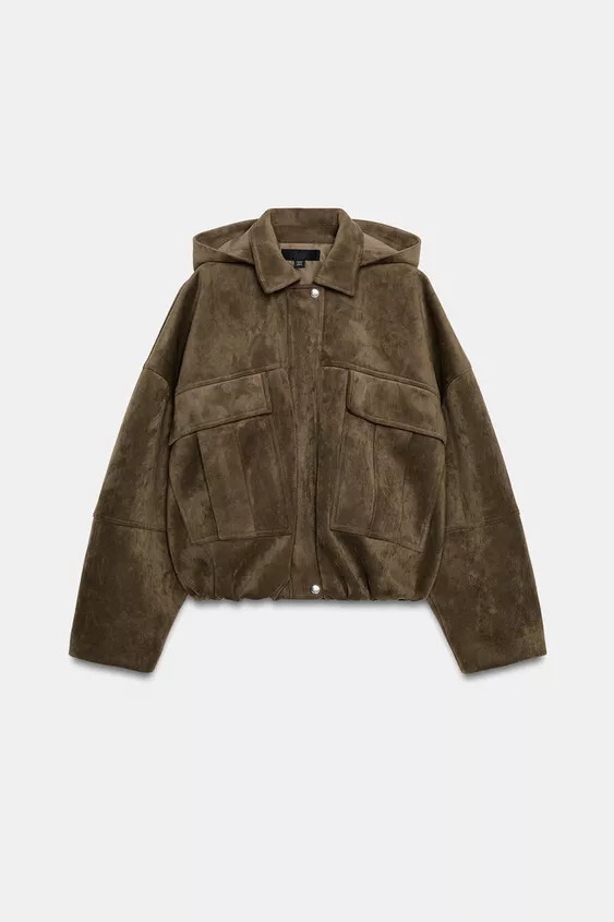 OVERSIZE FAUX SUEDE BOMBER JACKET WITH HOODIE | Zara US