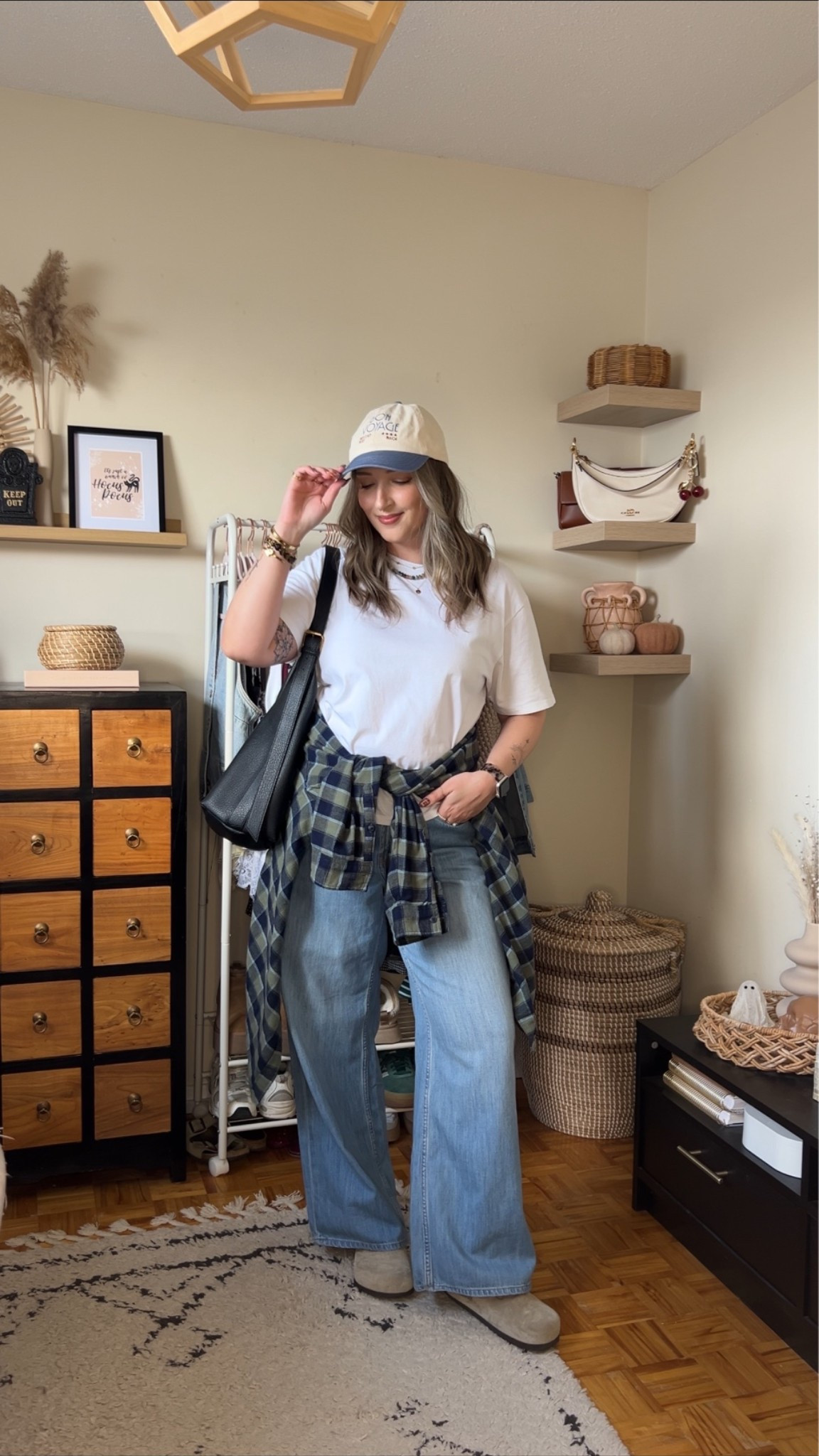 Casual Fall outfit! Wearing M in the plaid flannel shirt. Linked this year’s version of my white tee. Jeans are sold out, linked similar. I’m a 9.5-10 shoe and wear a 40 in the Birkenstocks