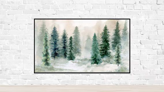 Frame TV Art Soft Winter Landscape Pine Tree Snow Watercolor Green Tree Neutral Art instant Downl... | Etsy (US)