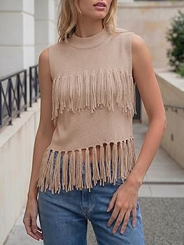 Tankaneo Womens Fringe Knit Tank Tops Summer Trendy Casual High Neck Sleeveless Shirts Boho Loose... | Amazon (US)