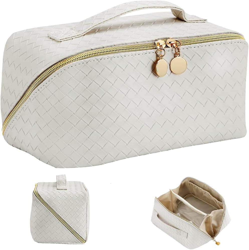 TrueLux Upgrade Woven Leather MakeupBag, Large-Capacity Travel Cosmetic Bag with Handle Divider,P... | Amazon (US)