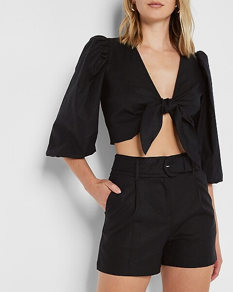 Super High Waisted Belted Linen-Blend Shorts | Express