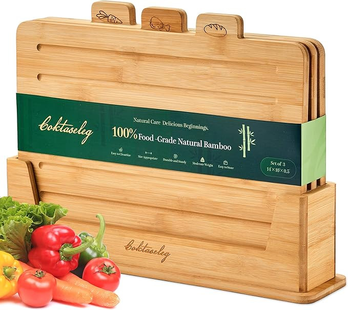 Bamboo Cutting Boards for Kitchen Set of 3, Large 14’’ x 10’’ with Holder, Wooden Cutting... | Amazon (US)