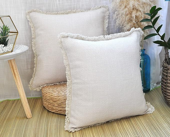 Decorative Throw Pillow Covers with Fringed Edges (18x18 Inches, Cream/Ivory Color), Accent Pillo... | Amazon (US)