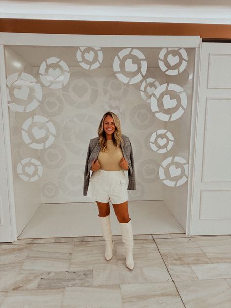 LTK Con 2023 day 2 OOTD 
Cropped blaze (L), gold shirt (L) and white shorts (size 10) are from Anthropologie. White boots from Lulus. 

#LTKCon #LTKmidsize #LTKstyletip