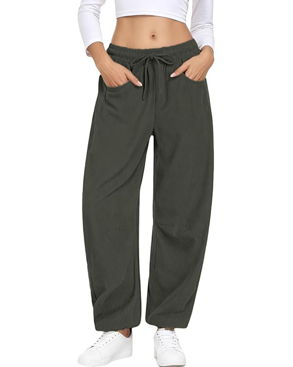 Xiaoxuemeng Womens Corduroy Pants Barrel Drawstring Elastic Waisted Baggy Trousers with Pockets | Amazon (US)