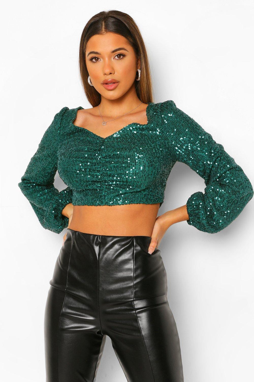 Womens Sequin Ruched Crop Top - Green - 8 | Boohoo.com (US & CA)