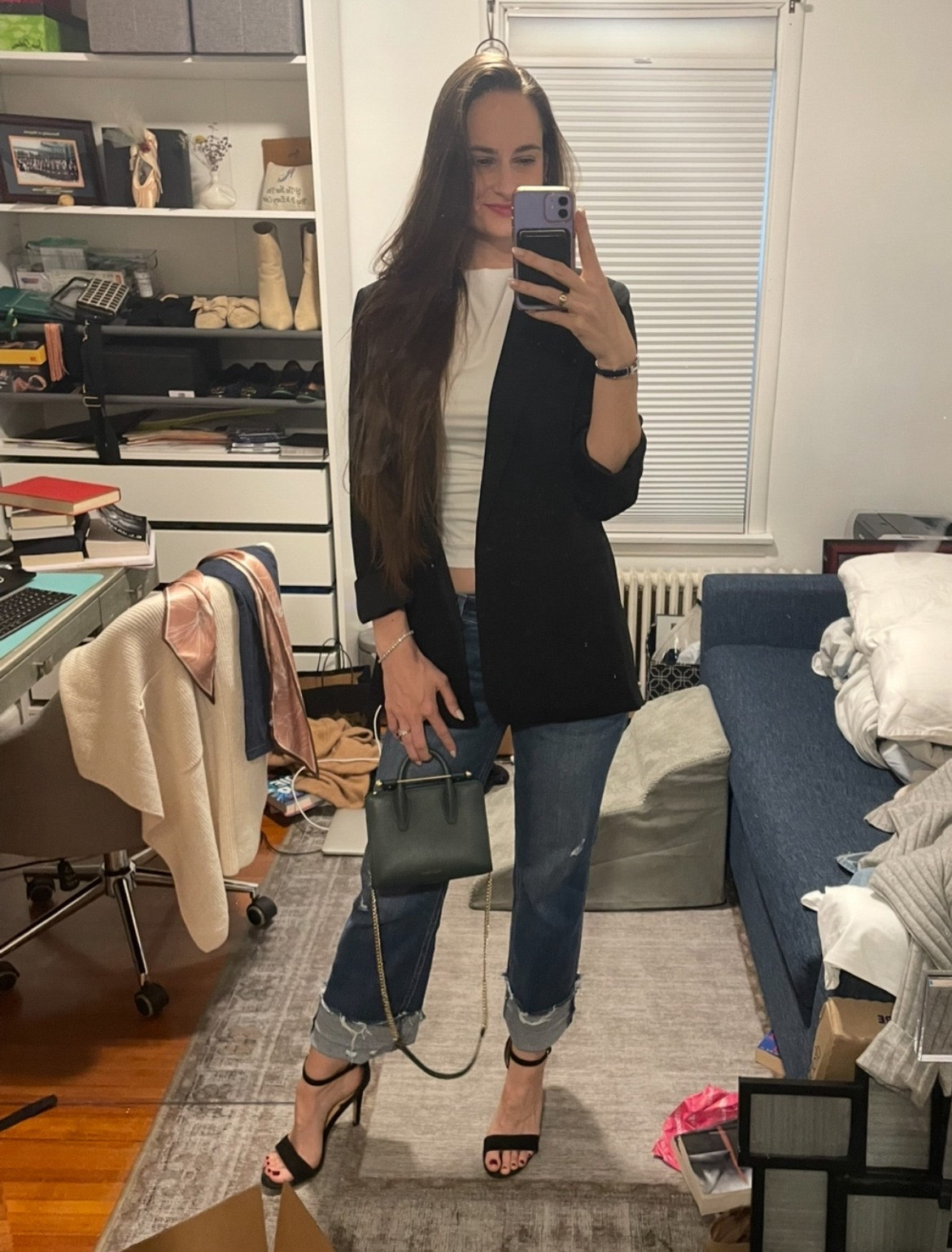 Date night look in Vici. These jeans run a size small. Wearing small in the blazer and top and size 25 in the jeans. Paired with easy black heels and one of my favorite purses! Vici is currently have a 25% off everything sale!

#LTKStyleTip #LTKSaleAlert