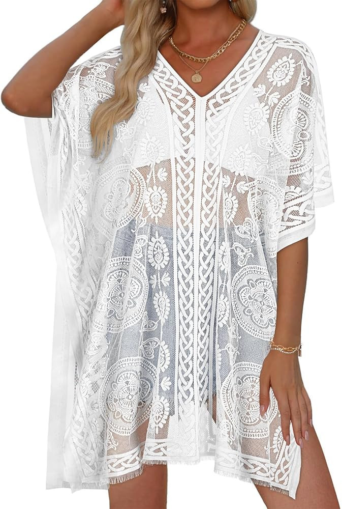 Womens Lace Bathing Suit Cover Up V Neck Beach Coverup Summer Swim Coverups Loose Bikini Beach Dr... | Amazon (US)