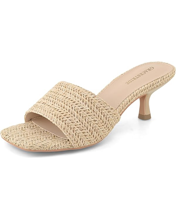 Raffia Kitten Heels for Women Woven Square Toe Mules Slip On Slide Sandals Summer Dress Shoes for... | Amazon (US)