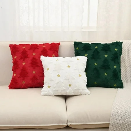 Set of 3 Christmas Pillow Covers 18x18, Red Green White Holiday Cushion Cases with Tree and Star Design | Walmart (US)