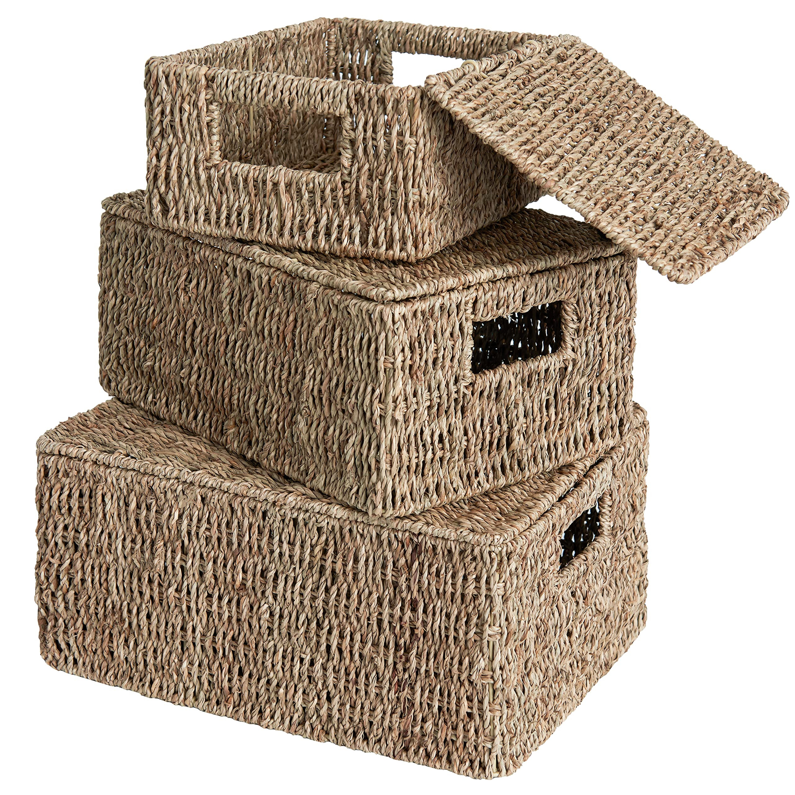 StorageWorks Hand-Woven Rectangular Wicker Baskets with Lids, Seagrass Storage Baskets with Lids and | Amazon (US)