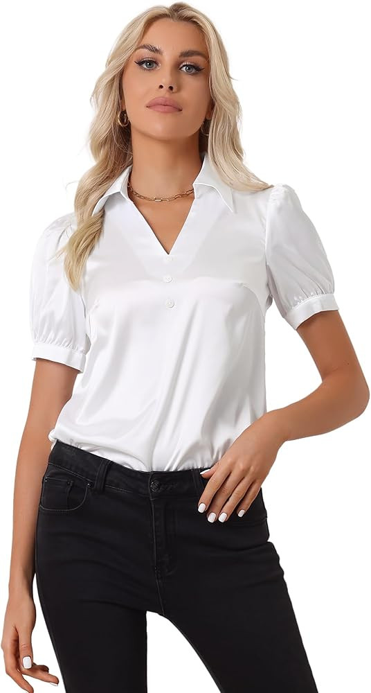 Allegra K Women's Satin Shirt Collar V Neck Puff Short Sleeves Button Down Casual Work Top | Amazon (US)