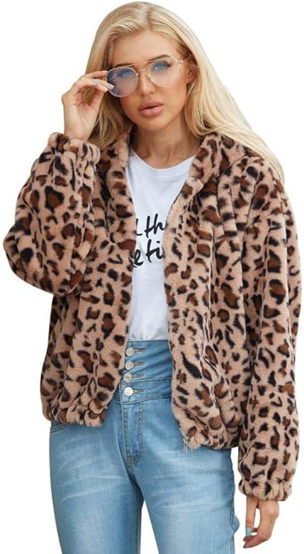 Women's Leopard Print Fleece Fuzzy Jacket Hoodies for Women Long Sleeve Hooded Coat Winter Outwea... | Amazon (US)