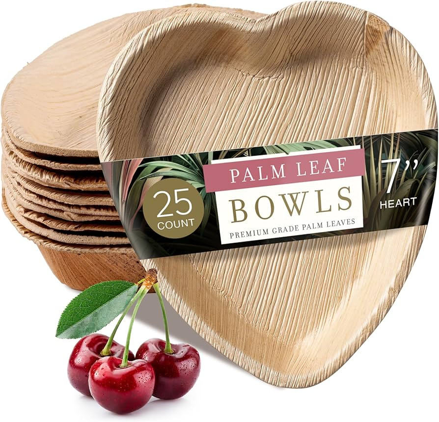 brheez Palm Leaf Disposable Bamboo Style 7" Heart Shaped Bowls [25 Bowls] Natural Color - Elegant... | Amazon (US)