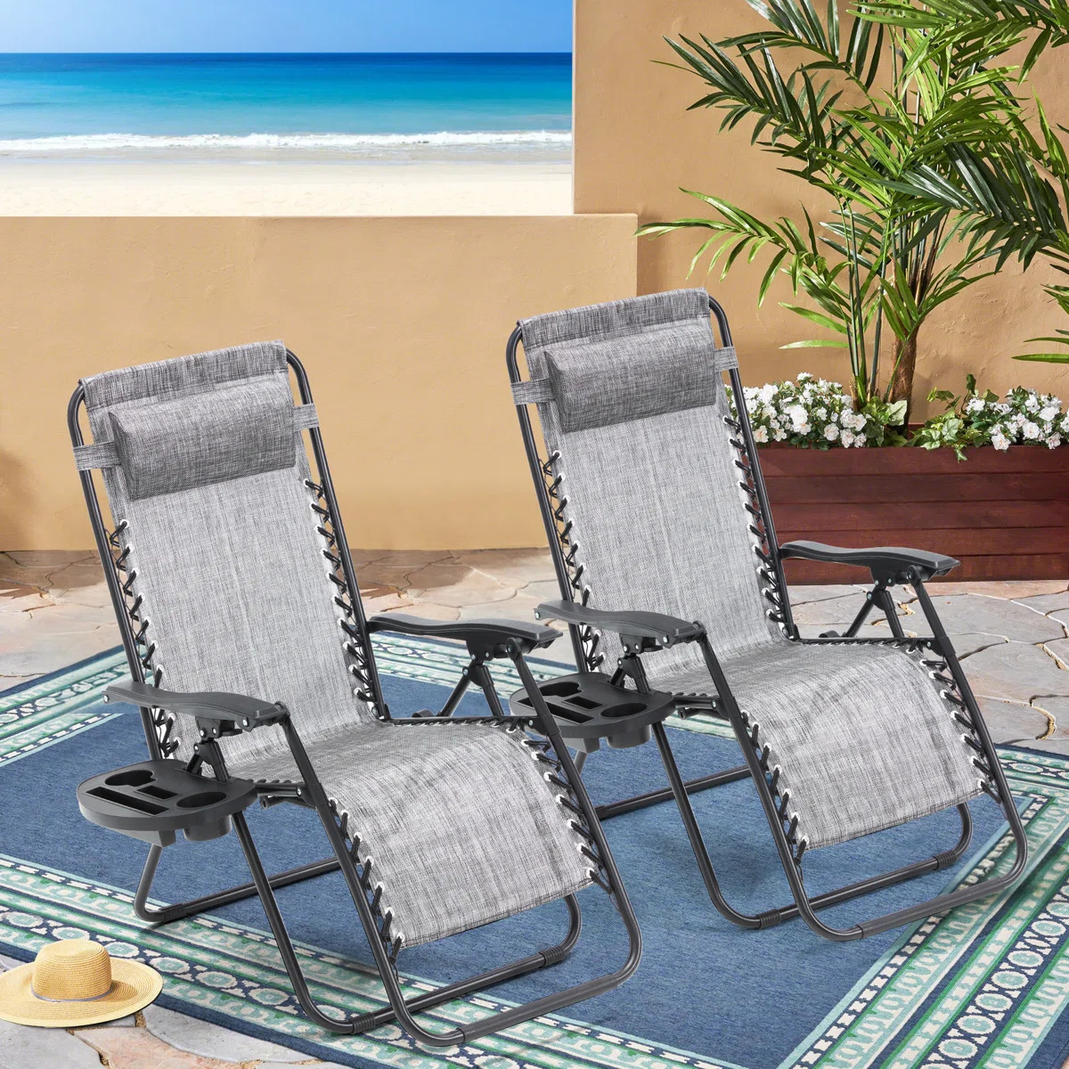 Set of 2 Zero Gravity Lounge Chairs, Folding Reclining Patio Chairs with Cup Holder & Headrest | Wayfair North America