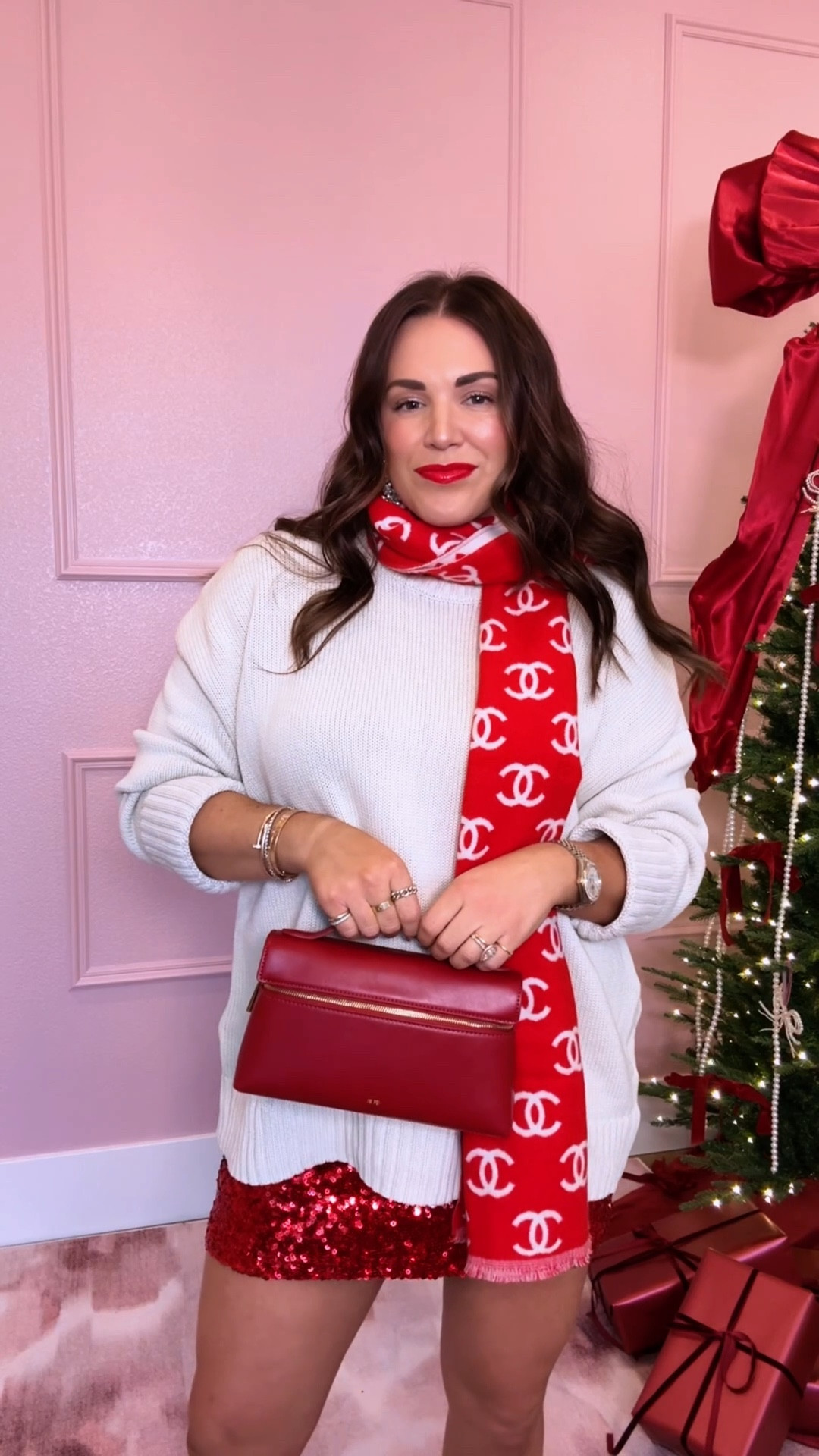 curvy midsize festive fit! day 12! wearing size xl in sweater for an oversized fit and size xl in red sequin skirt (runs small). scarf is Chanel! 

#LTKSeasonal #LTKHoliday #LTKMidsize