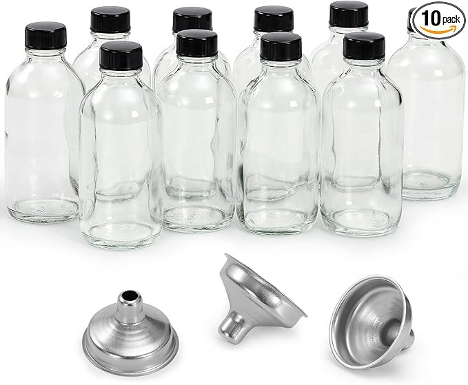 10 Pack, 4 oz Small Clear Glass Bottles w/Lids & 3 Stainless Steel Funnel - 120ml Boston Round Sa... | Amazon (US)