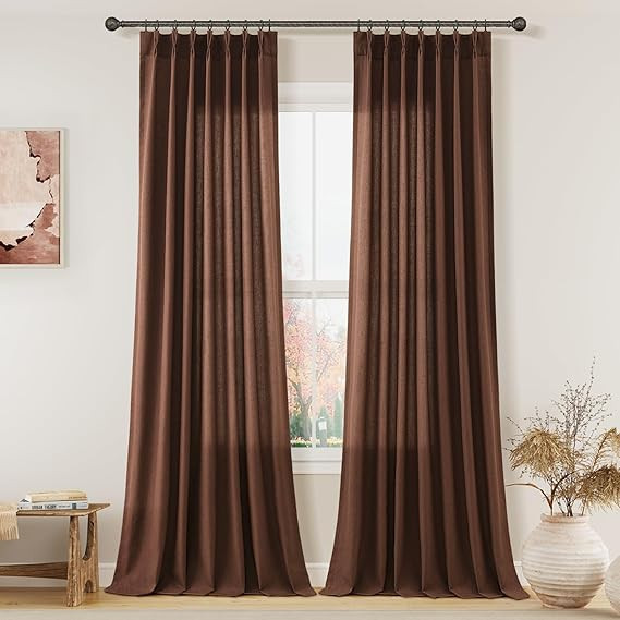 Rustic Brown Pinch Pleated Linen Curtains 90 Inch Length 2 Panels for Living Room Bedroom Semi Sh... | Amazon (US)