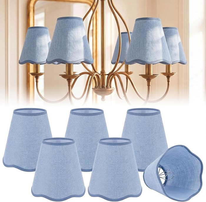 6 Pack Denim Blue Small Chandelier Shade Scalloped Mini Clip on Lamp Shade for Chandelier 3 x 6 x 6 Inch Linen Fabric Lampshade Lamp Replacement Cover for Wall Sconces Pendant Lighting | Amazon (US)
