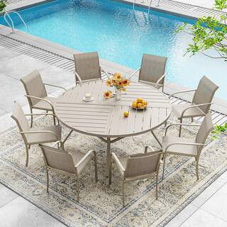 9-Piece Outdoor Patio Dining Set with 53.1 in. Sandshell Metal Round Table and 8-Sandshell Dining Chairs | The Home Depot
