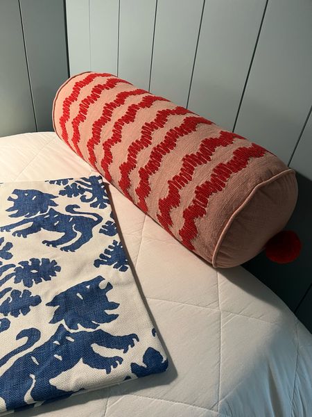 Red wavy stripe bolster pillow and Schumacher cvs Ed lion regal print grandmillennial blue and white pillows 

#LTKfindsunder50 #LTKhome