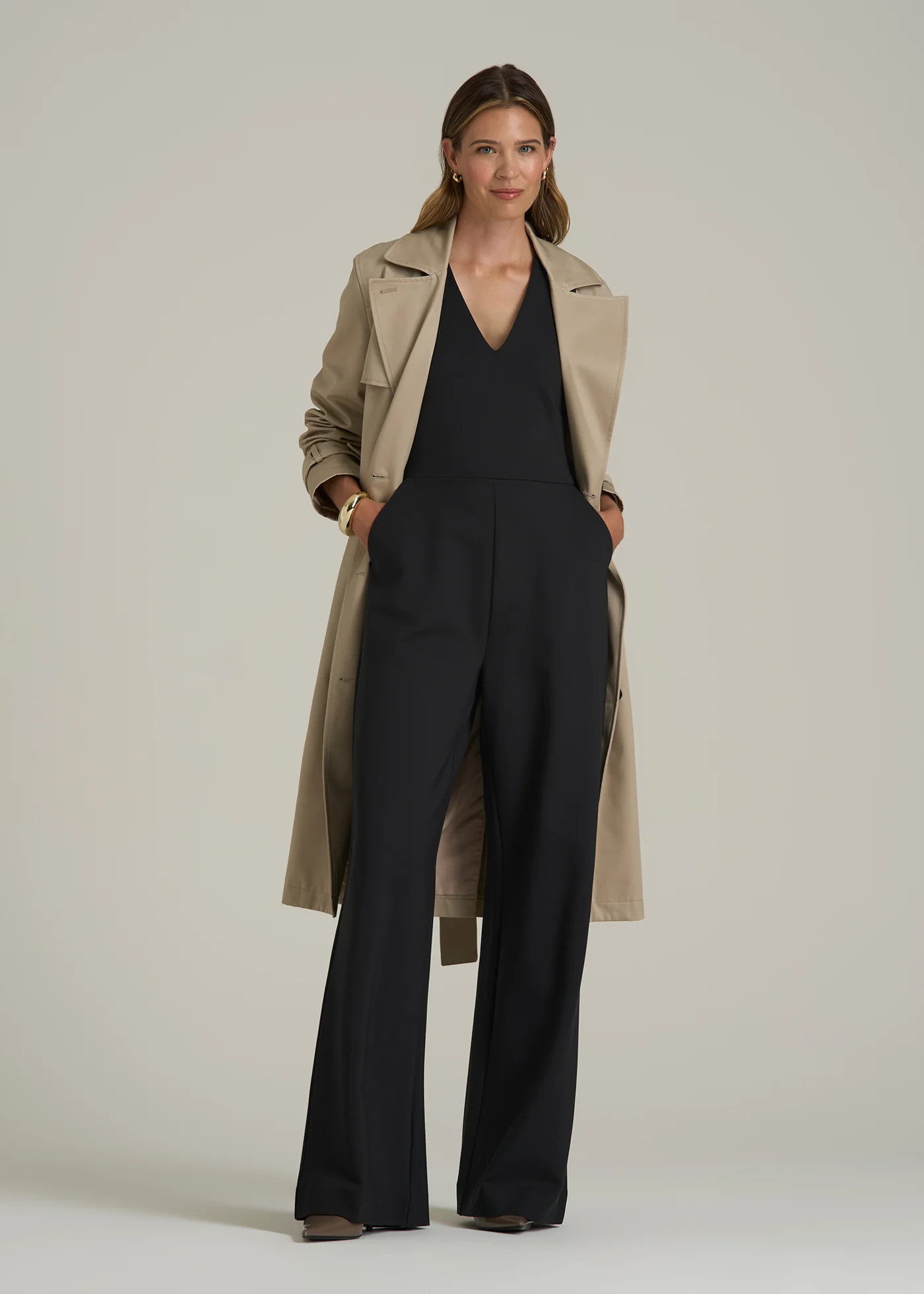 Soft Flex Ponte Wide-Leg V-Neck Jumpsuit for Tall Women in Black | American Tall
