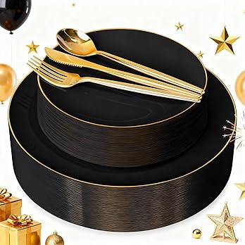 I00000 150Pcs Black Plastic Plates,New Year Plates,Heavy Duty Black plates for 30 Guests,Plastic ... | Amazon (US)