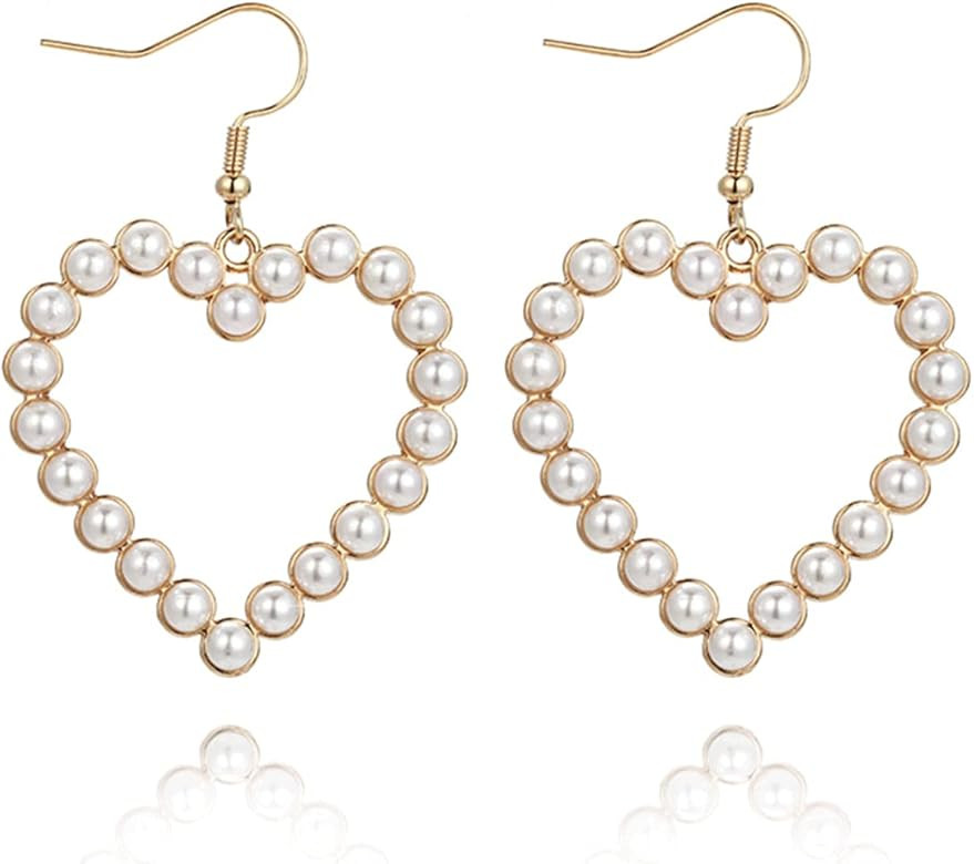Pearl Heart Dangle Earrings for Women Gold Love Heart Earrings Silver Pearl Drop Earrings for Wom... | Amazon (US)