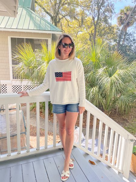 American flag sweater favorite denim shorts new h strap sandals. All tts

#LTKfindsunder50 #LTKstyletip #LTKsalealert