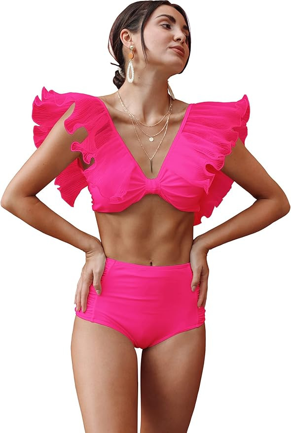 SPORLIKE Women Ruffle High Waist Swimsuit Two Pieces Push Up Tropical Print Bikini | Amazon (US)